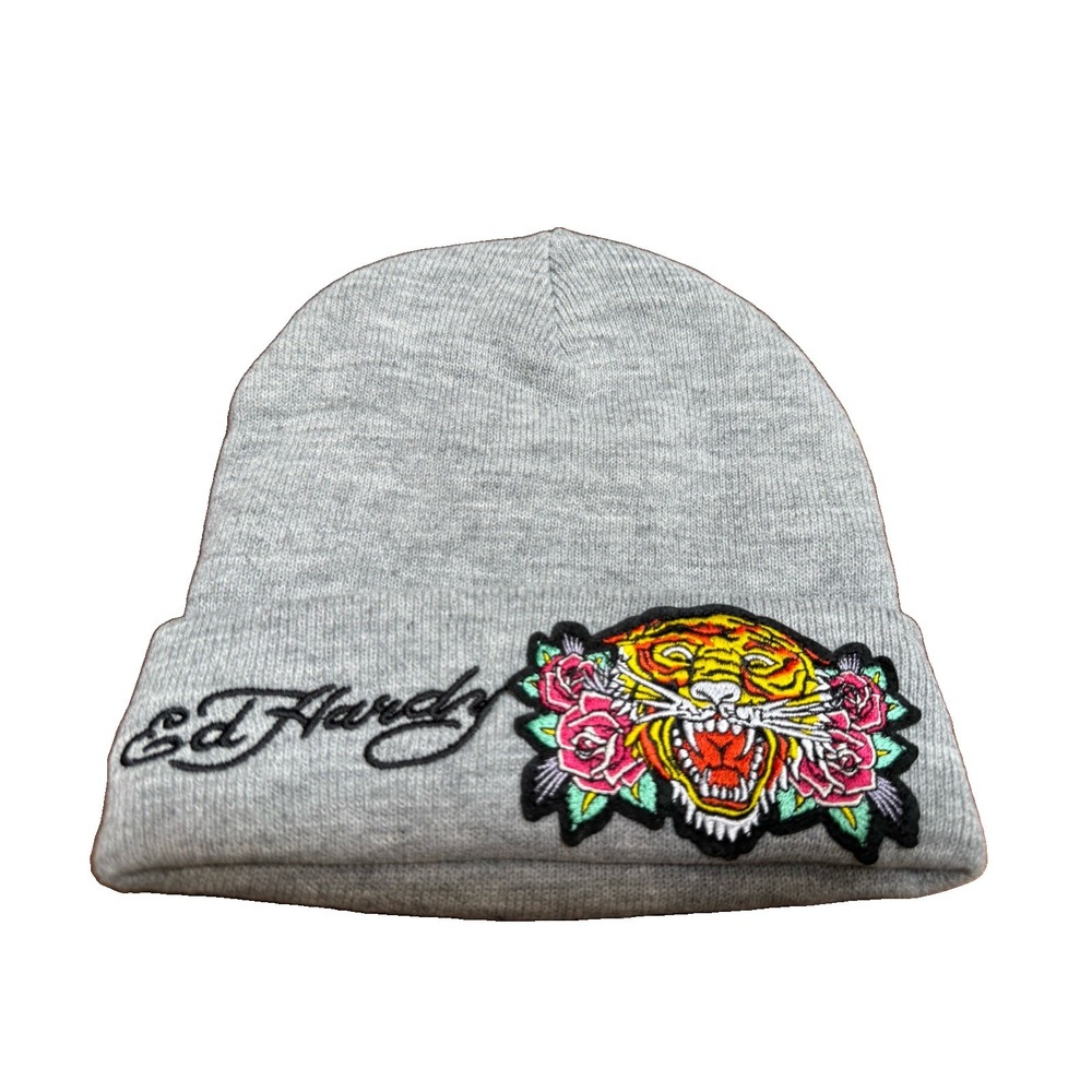 Ed Hardy Tiger Roses Knit Beanie Hat Gray Embroidered Cuffed Y2K Streetwear OS